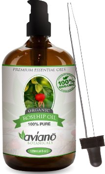 100% Pure Rosehip Oil ORGANIC - Ultra Premium Essential Rosehip Seed Oil - Huge 4oz Bottle - Cold Pressed Unrefined & Undiluted - Great for Skin, Hair, Nails, Body & Face By Avíanō Botanicals