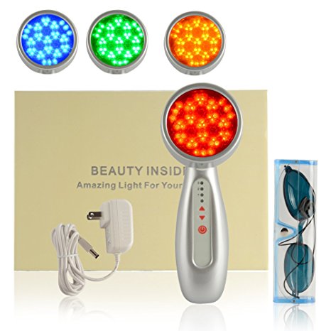 YokPollar Light LED Light therapy, 4 Interchangeable heads, skin rejuvenation, lightens dark spots, promotes collagen and reduce wrinkles and fine lines aging-resistant (Red,Blue,Green, Yellow Light)