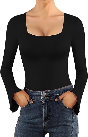 MANGOPOP Long Sleeve Bodysuit for Women Sexy Square Neck Body Suits Flare Sleeves Going Out Tops