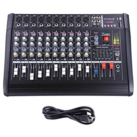 AW 10 Channel 2000 Watt Professional Powered Mixer w/ USB Slot Power Mixing 13x19x5" 110V-220V