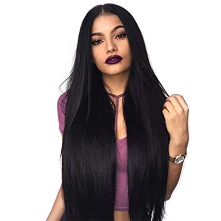 ForQueens Black Lace Front Wigs Synthetic Long Straight Hair Wigs for Women Middle Part Full Wigs with Baby Hair Natural Looking Heat Resistant Fiber
