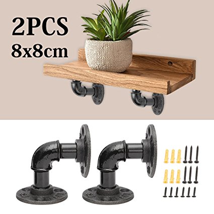 KINGSO 2Pcs 8x8cm Industrial Black Iron Pipe Shelf Bracket Wall Mounted Floating Shelf Hanging Wall Hardware Steampunk Decor for Custom Shelf Plumbing Pipe Shelf Restoration Hardware Shelf