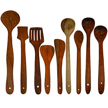ITOS365 Handmade Wooden Serving and Cooking Spoon Kitchen Utensil Set of 9