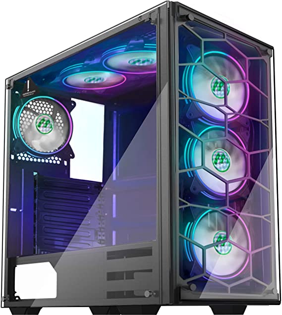 MUSETEX Phantom Black ATX Mid-Tower Case with 6pcs RGB Fans - USB 3.0 Tempered Glass Panel - PC Gaming Case Decent Cable Management/Airflow （907W6）