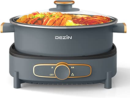 Dezin Electric Shabu Shabu Hot Pot with Removable Pot, 4L Electric Non-Stick Hot Pot with Multi-Power Control, 3.7" Depth Electric Cooker with Tempered Glass Lid for Party, Family and Friend Gathering