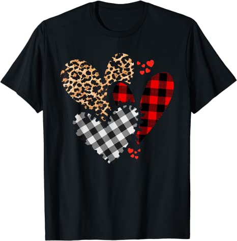 Hearts Leopard Plaid Buffalo Heart Valentines Day Girls Kids T-Shirt