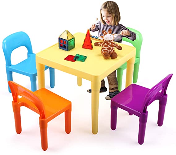 Colorful Kids Plastic Table and 4 Chair Set, for Children Toddler Kid to Learn & Play Activity School Home Furniture Set, Recommend for Aged 30-96 Months