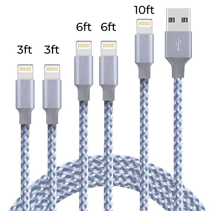 Lightning Cable, NganHing iPhone Charger Cable 5 Pack(3ft 3ft 6ft 6ft 10ft) Nylon Braided Fast Speed Charging Cable-Grey