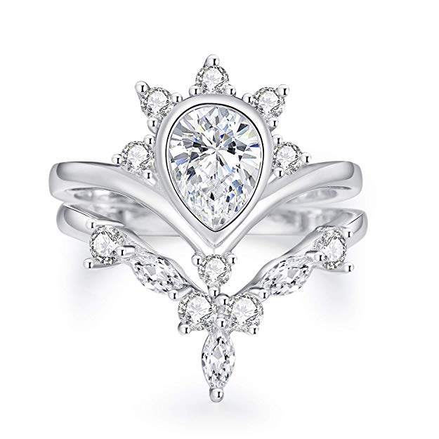 3UMeter 925 Sterling Sliver Wedding Ring Set Natural Diamonds Bridal Rings Set Pear Diamond Engagement Ring V (Size 5-11)