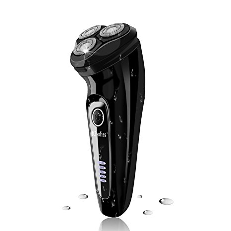 Kissliss IPX7 Waterproof Electric Shaver Washable Wet and Dry Men's Rotary Shavers Rechargeable Electric Shaving Razors with Pop-up Trimmer - Black