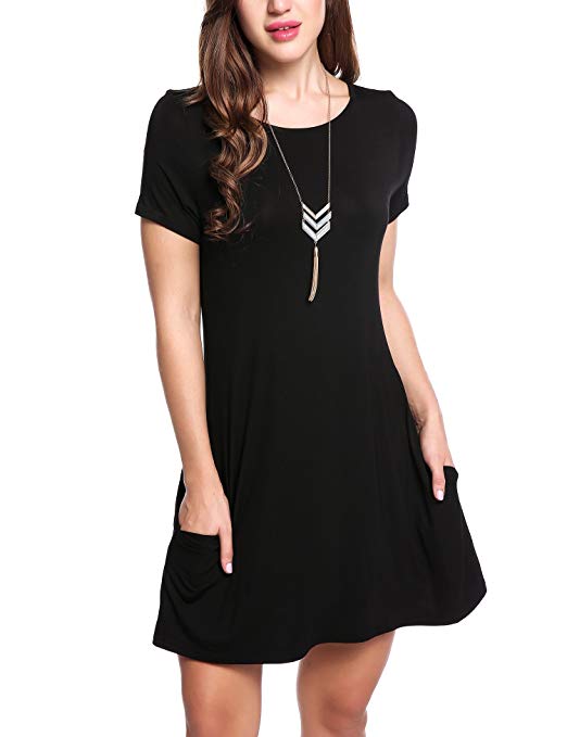 Beyove Women's Loose Trapeze Dress Short Sleeve Pocket Casual Mini Shift Dress