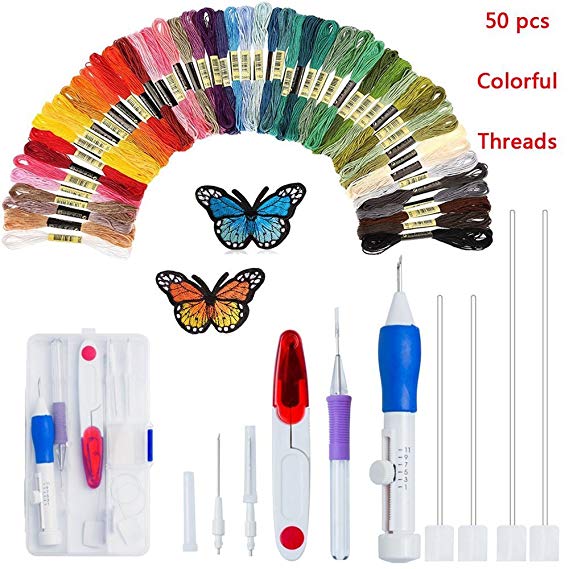 Magic Embroidery Pen Punch Needles, Embroidery Pen Set,Embroidery Patterns Craft Tool Including 50 Color Threads for DIY Sewing Cross Stitching and Knitting Sewing Tool (-Colorful) (L)