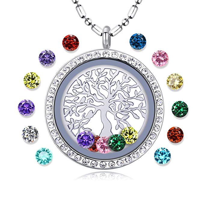 Family Tree of Life Floating Living Memory Locket Pendant Necklace with Birthstone, All Charms Included
