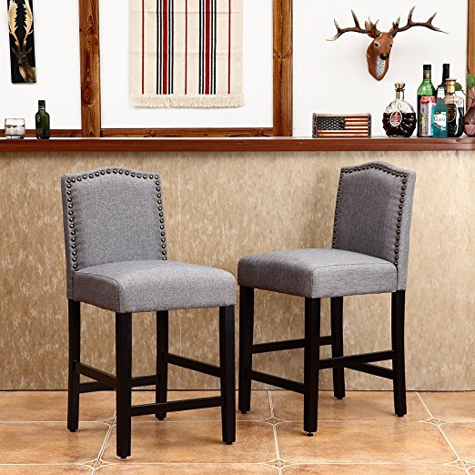 LSSBOUGHT Set of 2 Classic Fabric Barstools Dining High Counter Height Side Chairs (Seat Height: 24", Gray)