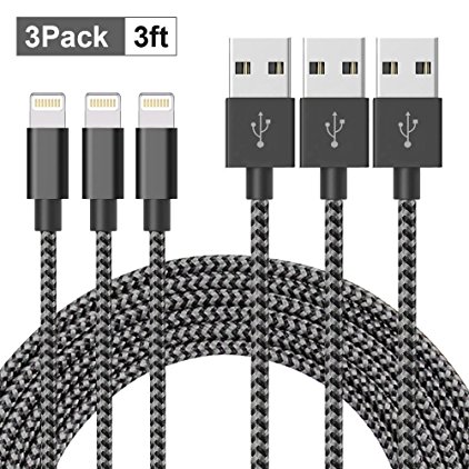 JJCall Lightning cable 3pack 3feet (1m) Nylon Braided USB Charging Cable, iphone cable/cord with Lightning Connector for iPhone 7/7plus, iPhone 6s/6/6plus,iPhone SE/5s/5c/5, iPad mini, iPad Air, iPad Pro, iPod touch 6th Gen / nano 7th Gen (3 Packs--1M, Grey and Black)