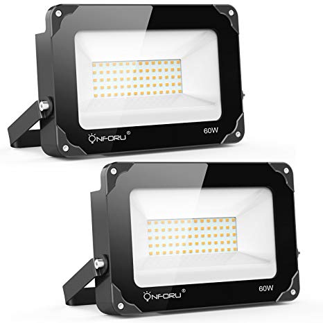 Onforu 2 Pack 60W LED Flood Light, 6000lm Super Bright Security Lights, 2700K Warm White, IP65 Waterproof Outdoor Landscape Floodlight for Yard, Garden, Playground, Party