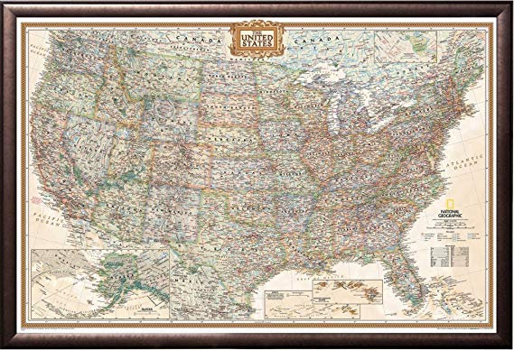 Framed Executive US Push Pin Travel Map 24x36 in Rust Finish Wood Frame with Push Pins (Produced by National Geographic)