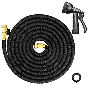 URCERI 50ft Expandable Garden Hose with 3/4" Solid Brass Fittings 8 Function Spray Nozzle Shut Off Valve Carrying Bag