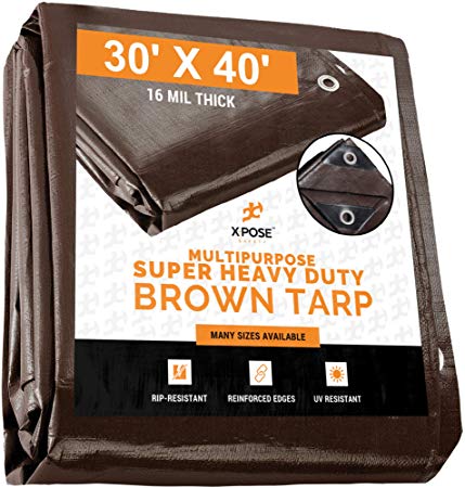 30' x 40' Super Heavy Duty 16 Mil Brown Poly Tarp Cover - Thick Waterproof, UV Resistant, Rot, Rip and Tear Proof Tarpaulin with Grommets and Reinforced Edges - by Xpose Safety