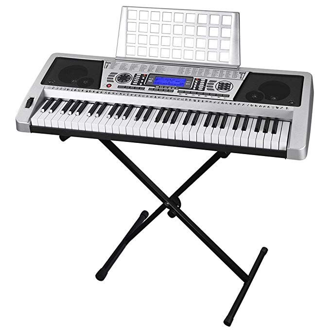 61 Key LCD Display Electronic Keyboard 37" w/Black Adjustable X-Stand Piano Music Electric Silver