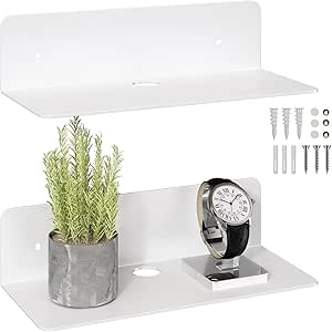 Floating Shelves Wall Mounted Set of 2 White - Easily Expand Wall Space - Aluminium Hanging Shelves Display Shelves for Wall Storage for Bedroom, Gaming Room, Living Room, Bathroom, Office