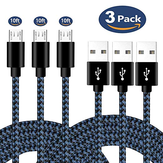 CTREEY Micro USB Cable,3Pack 10FT Extra Long Nylon Braided High Speed 2.0 USB to Micro USB Charging Cables Android Fast Charger Cord for Samsung Galaxy S7 Edge/S6/S4,Note 5/4/3,HTC,Tablet (Black/Blue)