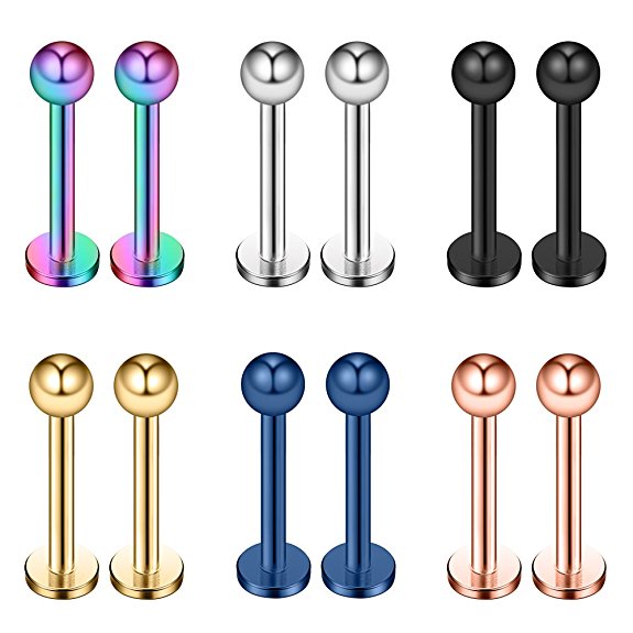 Ruifan 12PCS 20G Surgical Steel Labret Monroe Lip Ring Tragus Helix Earring Stud Piercing Jewelry