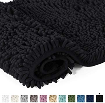 20x32 Bath Mat Non-Slip Bathroom Rug Shag Shower Mat Machine-Washable Bath Mats with Water Absorbent Soft Microfibers Chenille Plush Rugs - Black