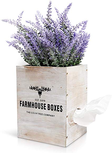 Countree Rustic Tissue Box Cover - Farmhouse Tissue Box Holder with Faux Lavender Arrangement - Decorative Wooden House Tissues Cube Square Dispenser with Artificial Flower Plant for Boho Home Decor