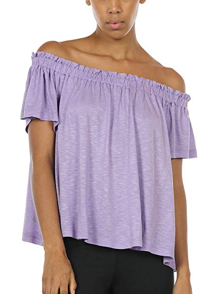 icyzone Women's Short Sleeve Off Shoulder Blouse Casual Pleated Ruffle Sexy Top Shirt