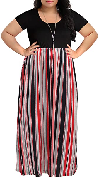 Nemidor Women's Chevron Print Summer Short Sleeve Plus Size Casual Maxi Dress