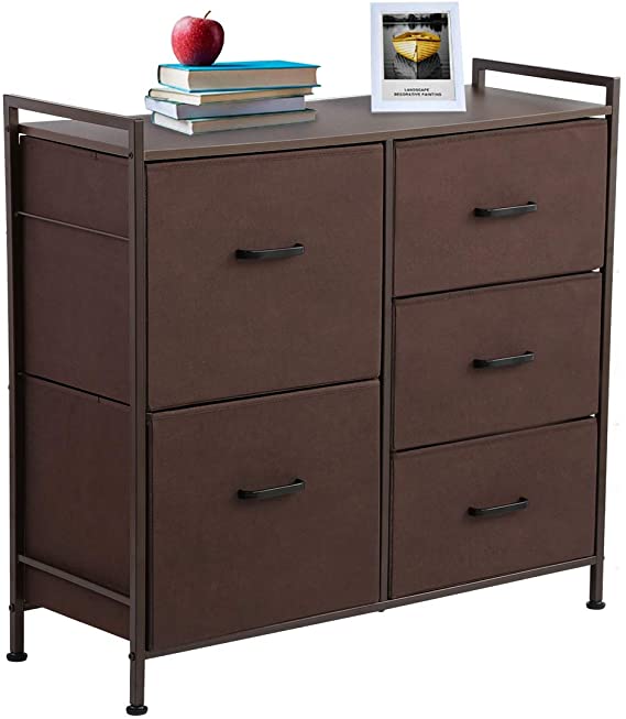 KINGSO Fabric 5 Drawer Dresser Storage Tower Organizer Unit with Sturdy Steel Frame and Easy-Pull Faux Linen Drawers for Bedroom Living Room Guest Room Dorm Closet - Brown