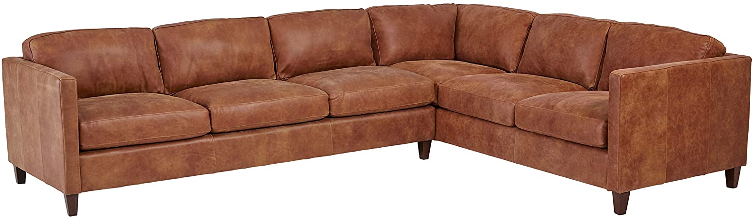 Amazon Brand – Stone & Beam Andover Leather Left-Facing L-Shaped Sectional, 124"W, Saddle Brown