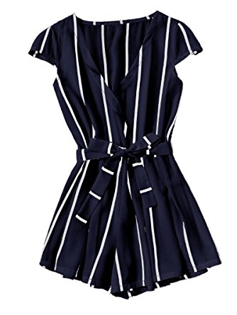 Romwe Women's Casual Vertical Striped Jumpsuit Romper With Belt