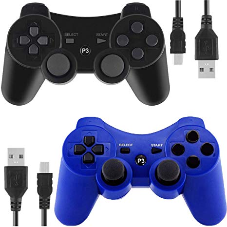 Wireless Controllers for PS3 Playstation 3 Dual Shock (Pack of 2, Black and Blue)