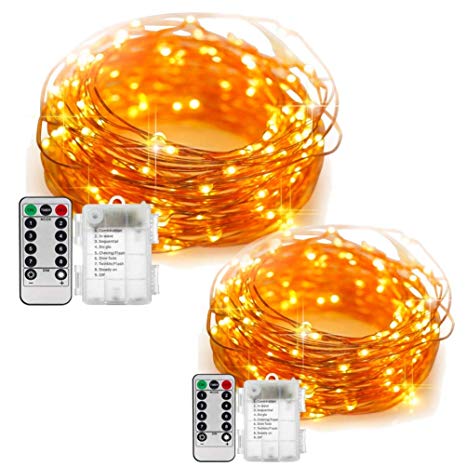 Mcandy Battery Operated String Lights 2 Pack 100 Led Wire Lights,Waterproof Copper String Lights with Remote Control,Timer 8 Mode 33ft Christmas Decor Lights,Warm White
