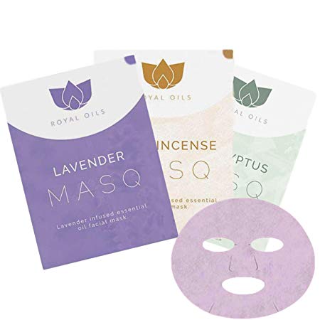 Royal Oils- Face Mask Sheets with Organic Essential Oils Lavender, Frankincense, Eucalyptus Pore Minimizer, Dead Skin Remover, Hydrate, Exfoliate (3 Masks)