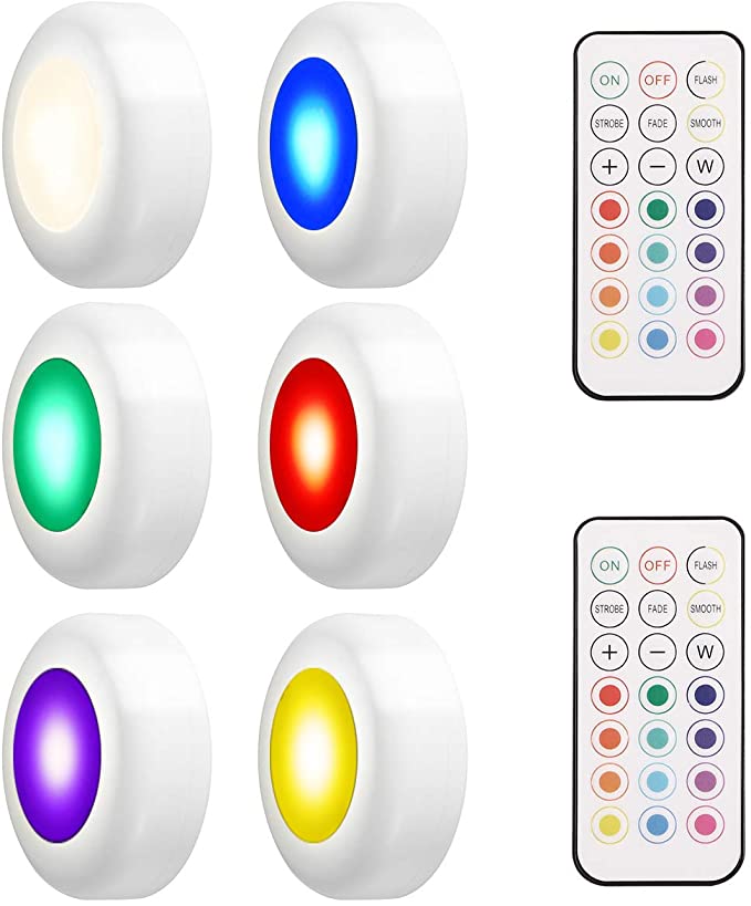 LEDGLE 6 Pack Led Under Cabinet Lights, Dimmable Wireless Puck Lights with Remote Control, 16 Colors, Battery Powered Closet Cupboard Kitchen Wardrobe Lights
