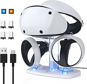 MoKo Station de Chargeur pour Contrôleur PS VR2, Support de Charge avec Support de Casque VR, Station de Chargement pour PS5 VR2 avec 4 Interfaces Magnétiques et Câble de Type-C, Blanc   Transparent