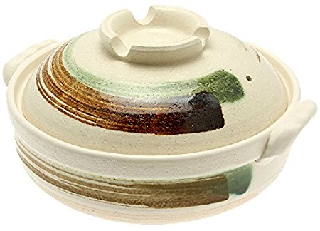 Kotobuki 190-973D Brushstroke Japanese Donabe Hot Pot, 11-1/2-Inch, White with Brown and Green
