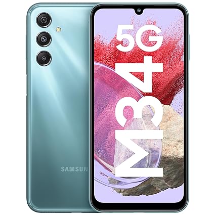 Samsung Galaxy M34 5G (Waterfall Blue,8GB,256GB)|120Hz sAMOLED Display|50MP Triple No Shake Cam|6000 mAh Battery|4 Gen OS Upgrade & 5 Year Security Update|12GB RAM with RAM |Android 13|Without Charger