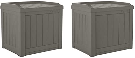 Suncast 22-Gallon Indoor Outdoor Resin Patio Storage Chest Deck Box and Seat for Patio, Garden, Garage, or Pool for All Weather, Stoney, 2 Pack