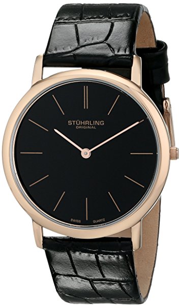 Stuhrling Original Men's 601.3345K1 Analog Classic Ascot Swiss Quartz Ultra Thin Rose Tone Black Leather Strap Watch