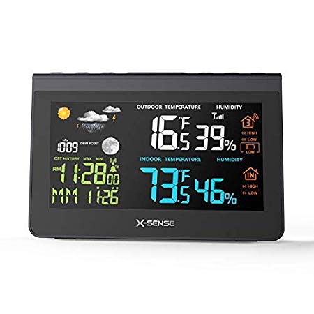 X-Sense Wireless Weather Station with Large Backlit Color LCD, 500 ft Wireless Range, Atomic Clock, Accurate Temperature, Humidity, Weather Forecast and Temperature/Time Alert