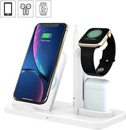 Wireless Charger, Acokki 4 in 1 QI Fast Charger Phone Holder Compatible with Airpods iPhone Samsung, Wireless Charging Holder Work for iWatch Series 4/3/2/1(White)