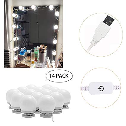Hollywood LED Vanity Mirror Lights Kit, Dimmable Stick on USB Vanity Lights,Makeup Light Strip for for Bedroom, Dressing Room, Wedding, Party illuminating, CRI&gt;90 (4000K Natural White 14 Bulbs 5V USB)