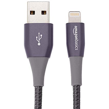 AmazonBasics Double Nylon Braided USB A Cable with Lightning Connector, Premium Collection - 6-Foot, Dark Grey