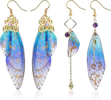 2Pairs Butterfly Wing Drop Earrings Butterfly Fairy Wing Dangle Earrings Simulation Insect Butterfly Wings Wedding Jewelry for Women Girl