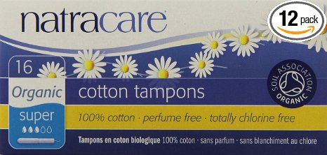 Natracare Organic All Cotton Tampons, Super with Applicator,  16 Count boxes (Pack of 12)
