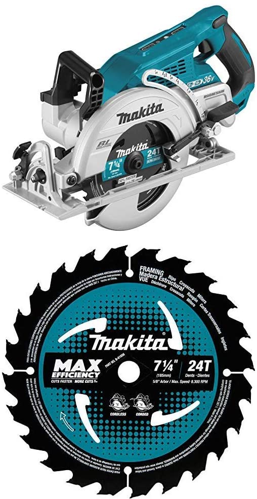 Makita XSR01Z 18 Volt X2 LXT Lithium-Ion (36V) Brushless Cordless Rear Handle 7-1/4 inch Circular Saw with three B-61656 7-1/4 inch 24T Carbide-Tipped Max Efficiency Circular Saw Blades